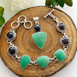 Boho Southwest Jewelry Set Chrysoprase Garnet Bracelet Pendant Handmade New 925